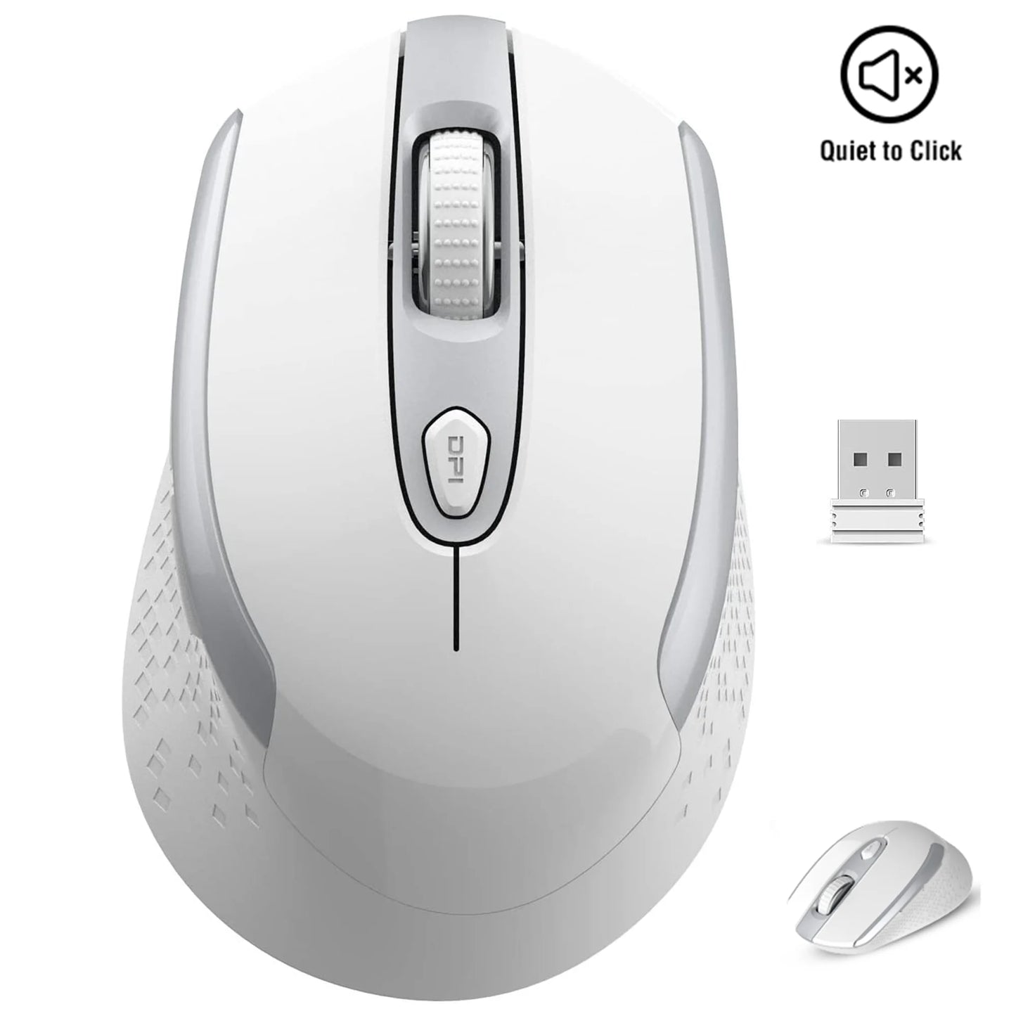 Wireless Computer Mouse, 2.4G Silent Cordless Mouse for Laptop, Mouse with 6 Buttons and 3 Adjustable DPI for Laptop, Deskbtop, Macbook , PC (White)