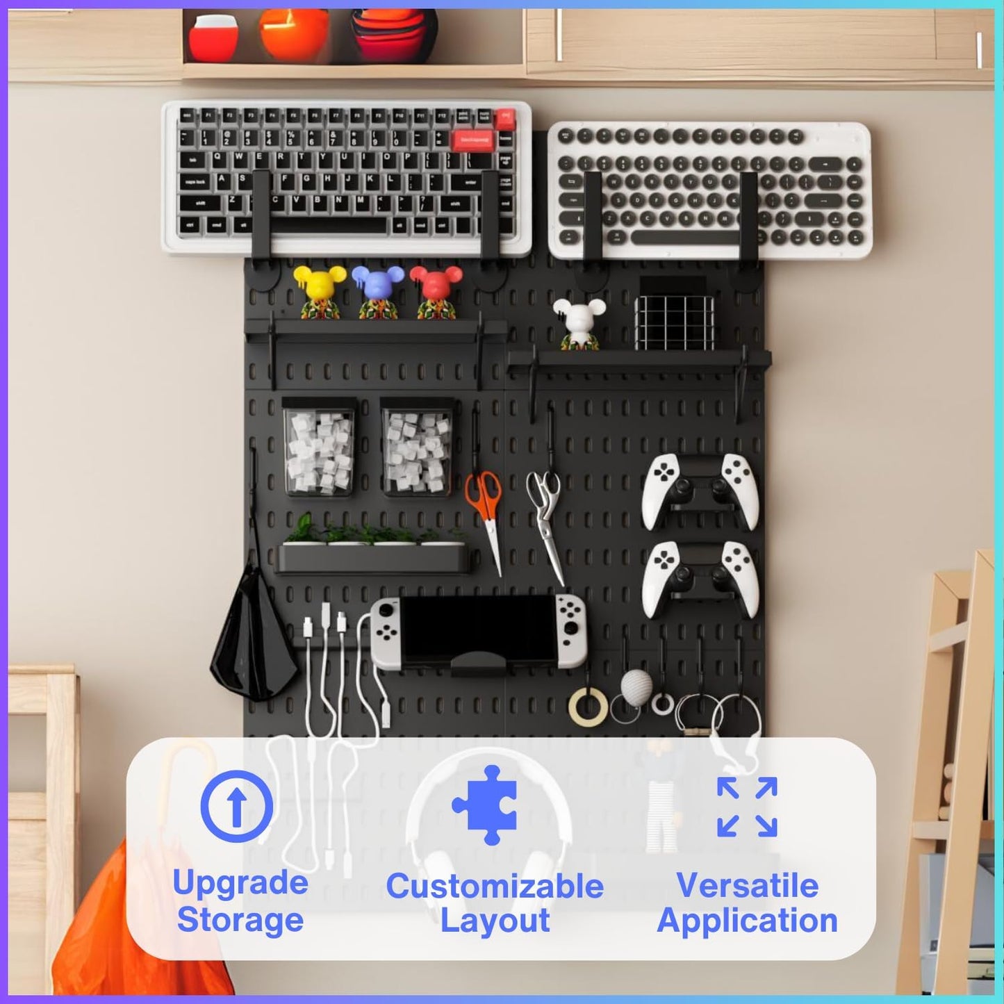 Peg Board Wall Organizer for Gaming Setup, Pegboard with Adhesives & Screw Mounts, Includes Peg Board Accessories for Gaming Accessories, Tech Storage & Office Organization (Black, 33″×22″)