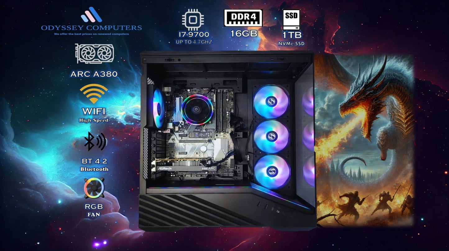 Odyssey Black Widow V2 Gaming PC, RGB LED Fans, Intel Core I7 Upto 4.7Ghz, 16GB RAM, 1TB Nvme SSD, ACR A380, Wi-Fi BT, Windows 11 Pro Keyboard & Mouse
