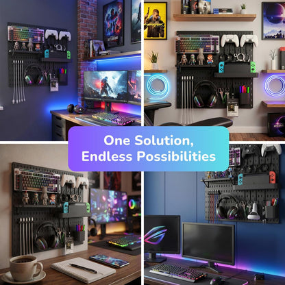 Peg Board Wall Organizer for Gaming Setup, Pegboard with Adhesives & Screw Mounts, Includes Peg Board Accessories for Gaming Accessories, Tech Storage & Office Organization (Black, 22″×22″)