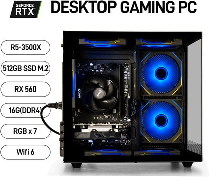 Prebuilt Gaming PC, Black, Ryzen5 6Cores 3.6G-4.1G, DDR4 3200Mhz 16G RAM, Nvme 512G SSD, Radeon RX560 4G, WIFI6 Desktop Computers Business Home