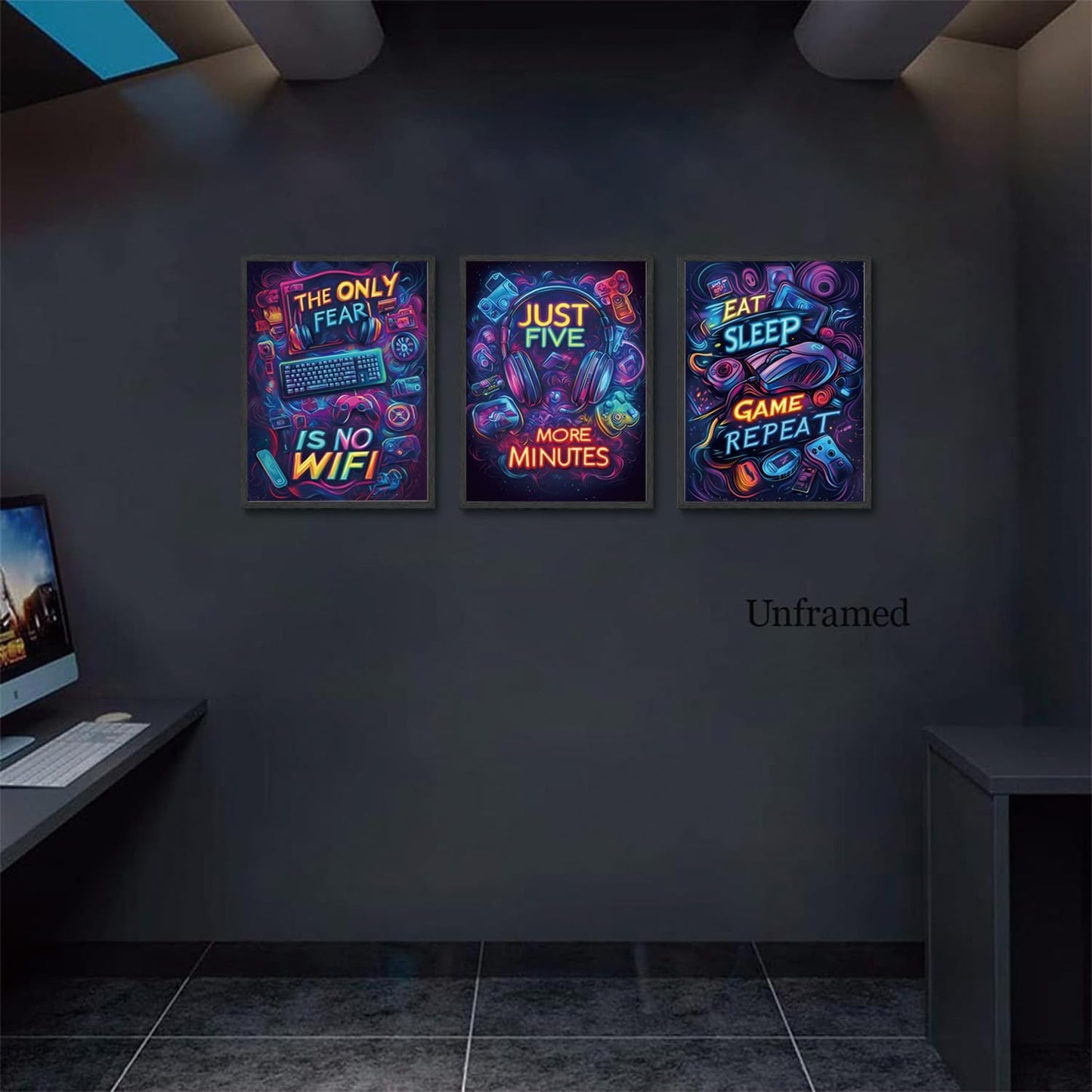Neon Gaming Posters Video Game Wall Art Prints Set of 3 Game Room Decor Gaming Sign Painting Playroom Cool Pictures Gamer Wall Decor for Boy Teen Men Bedroom Bathroom 12X16In Unframed