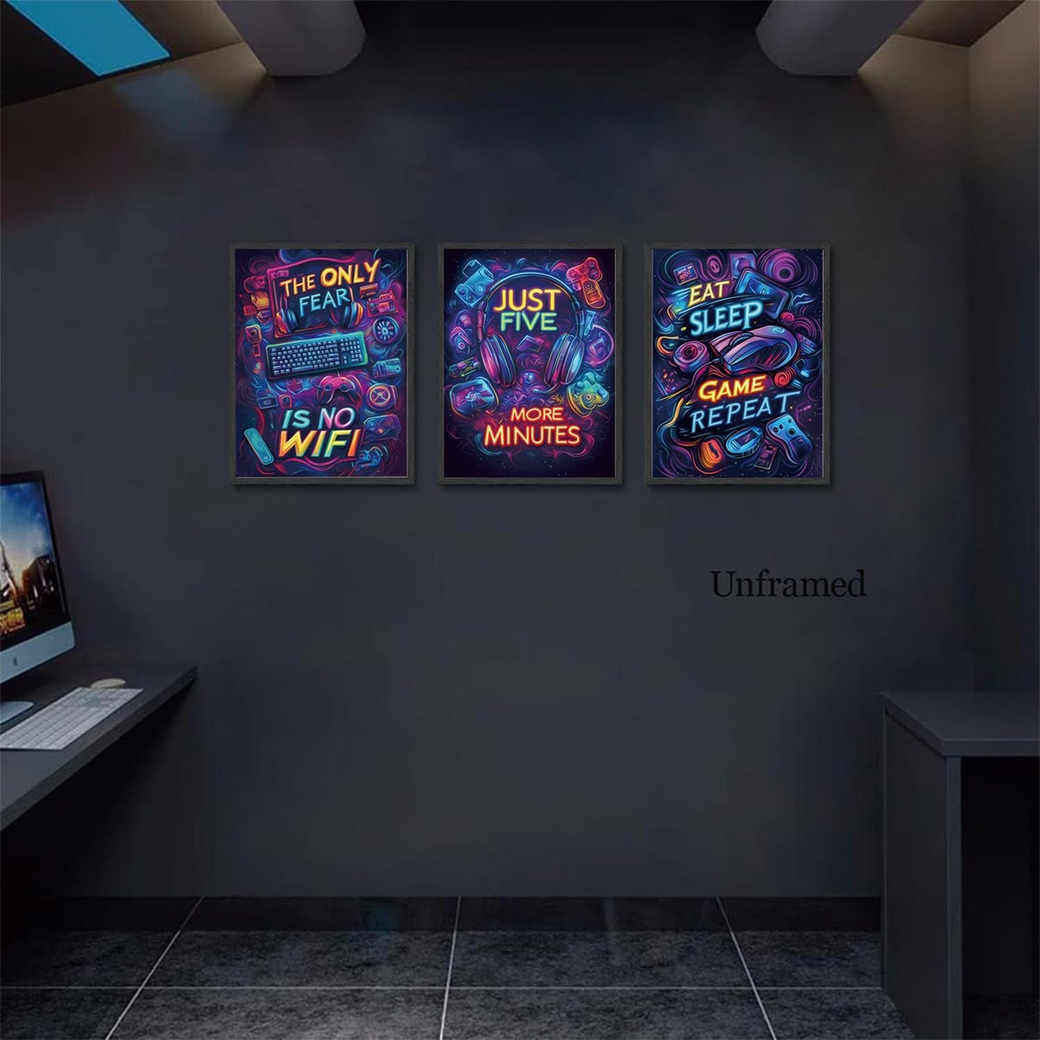 Neon Gaming Posters Video Game Wall Art Prints Set of 3 Game Room Decor Gaming Sign Painting Playroom Cool Pictures Gamer Wall Decor for Boy Teen Men Bedroom Bathroom 12X16In Unframed