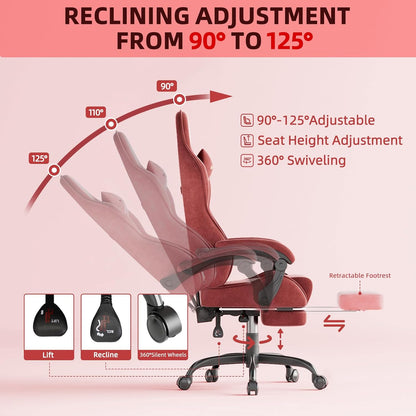 Velvet Fabric Gaming Chair with Footrest for Adults, Ergonomic Gaming Chairs with Massage Lumbar, Reclining Racing Computer Chair with Spring Cushion for Home Office Video Game, Red