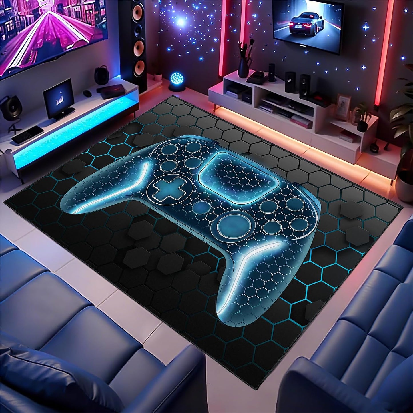 Gamer Rug, 5X7 Ft, Blue, Non-Slip | for Bedroom Living Room, Game Space Decor