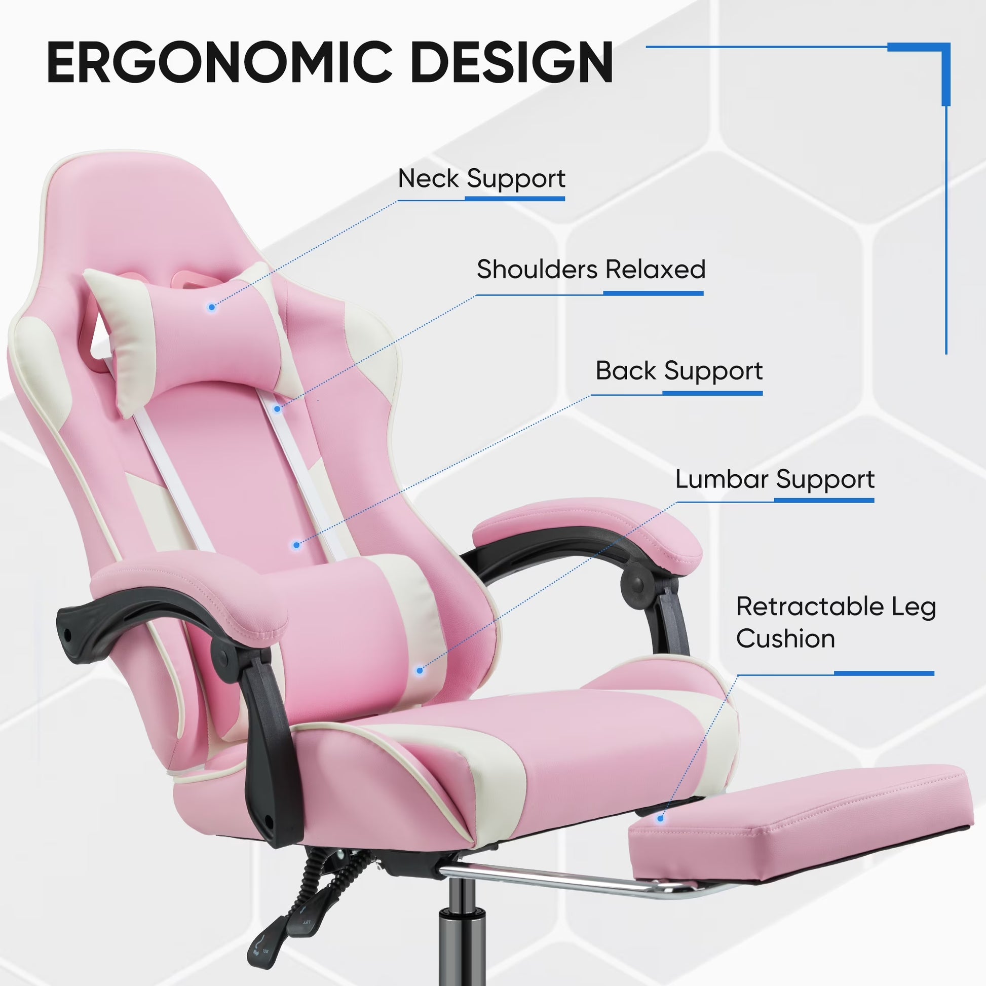 Computer Chair with Footrest and Lumbar Support, Home Offfice Chair, Pink and White
