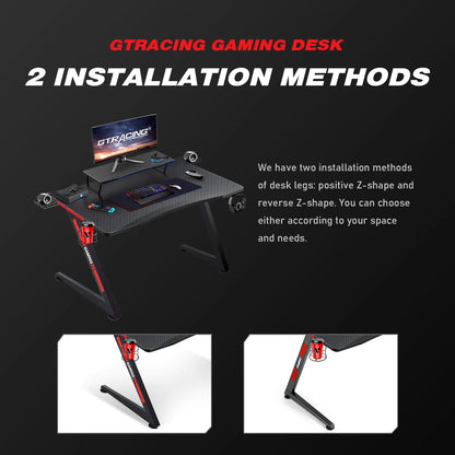 Ergonomic Curved 3-Sided LED Z-Leg Gaming Desk, Black