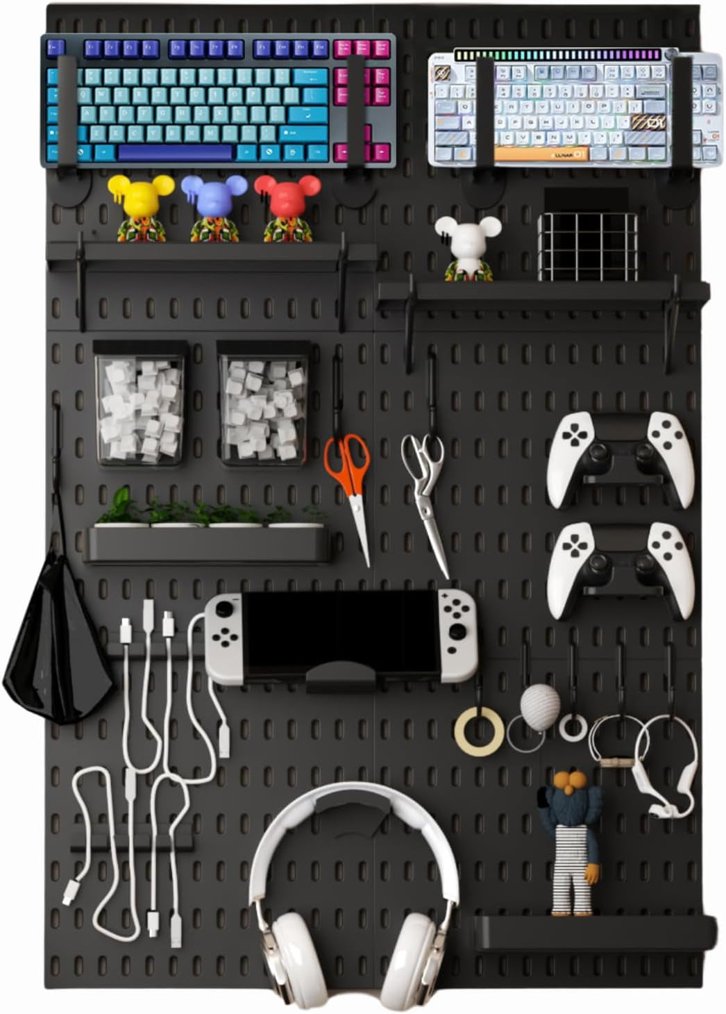 Peg Board Wall Organizer for Gaming Setup, Pegboard with Adhesives & Screw Mounts, Includes Peg Board Accessories for Gaming Accessories, Tech Storage & Office Organization (Black, 33″×22″)