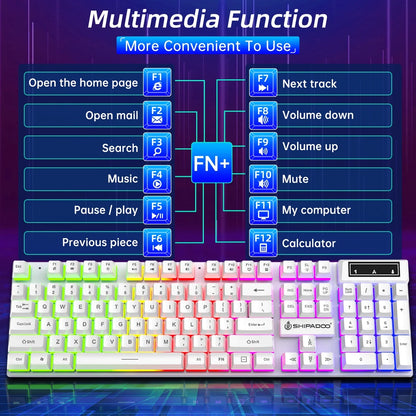 Gaming Keyboard & Mouse, 104 Keys LED RGB Backlit Quiet Computer Keyboard, Multimedia Keys, 26 Anti-Ghosting Keys, Waterproof Light up USB Wired Keyboard for PC Gamers Desktop Computer Laptop,White