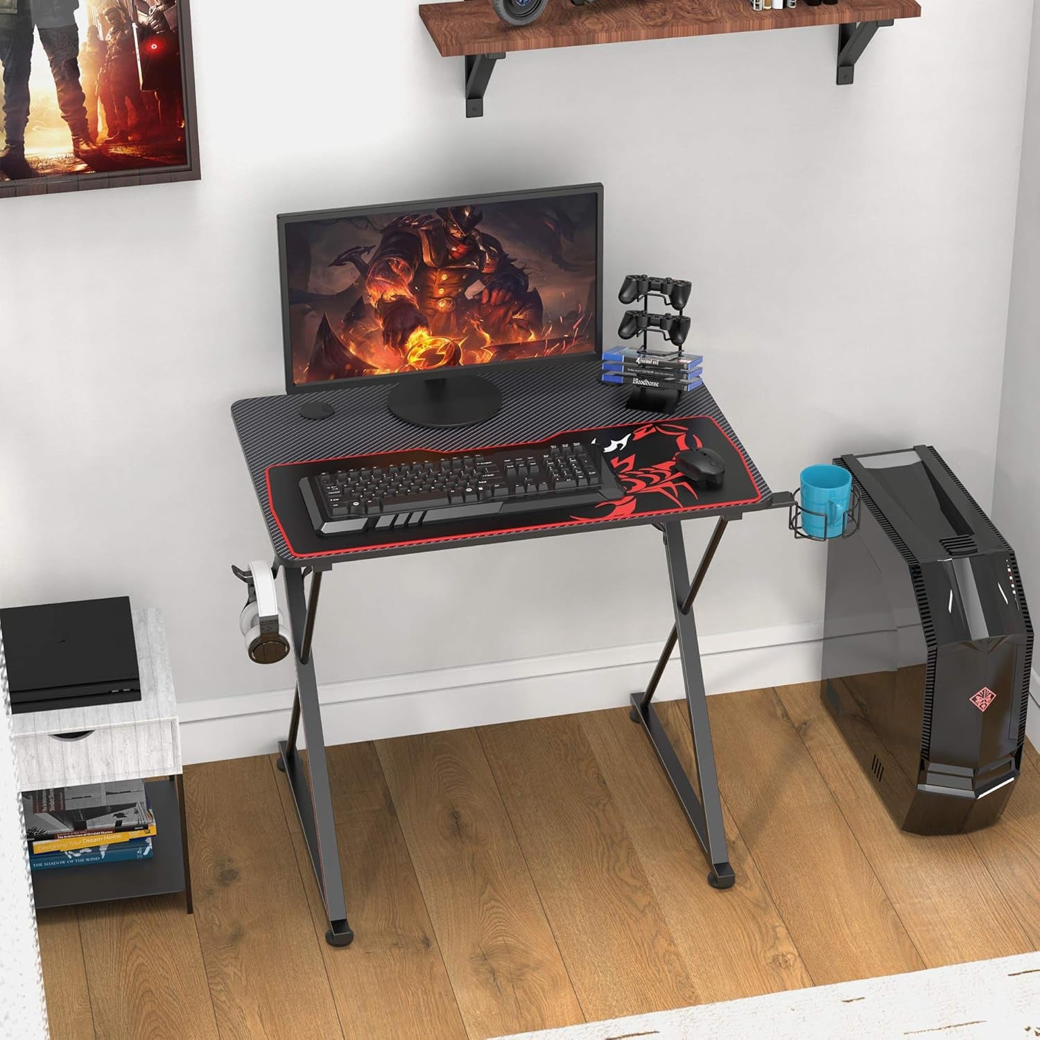 Gaming Desk 31 Inch Gaming Table for Small Spaces X Shaped Gamer Workstation with Handle Rack Cup Holder Headphone Hook,Black