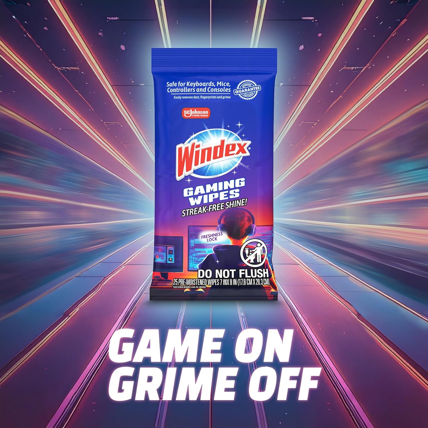 Windex Gaming Cleaning Wipes, Pre-Moistened Wipes to Instantly Clean All Gaming Gear and Electronics, Resealable Packaging for a Freshness Lock, 25 Count (Pack of 1)