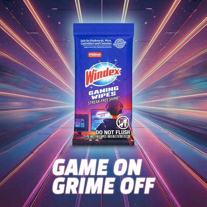 Windex Gaming Cleaning Wipes, Pre-Moistened Wipes to Instantly Clean All Gaming Gear and Electronics, Resealable Packaging for a Freshness Lock, 25 Count (Pack of 1)
