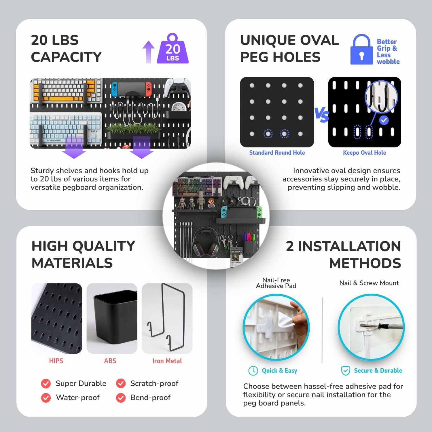 Peg Board Wall Organizer for Gaming Setup, Pegboard with Adhesives & Screw Mounts, Includes Peg Board Accessories for Gaming Accessories, Tech Storage & Office Organization (Black, 22″×22″)