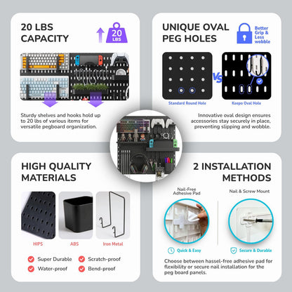 Peg Board Wall Organizer for Gaming Setup, Pegboard with Adhesives & Screw Mounts, Includes Peg Board Accessories for Gaming Accessories, Tech Storage & Office Organization (Black, 22″×22″)