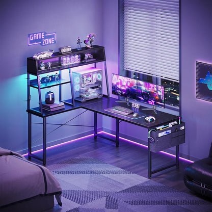 L Shaped Gaming Desk with Led Lights, 51 Inch Reversible Gaming Computer Desk with Display Shelves, PC Gamer Desk Gamer Table with Storage Bag, L Desk for Game, Black