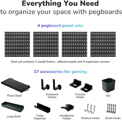 Peg Board Wall Organizer for Gaming Setup, Pegboard with Adhesives & Screw Mounts, Includes Peg Board Accessories for Gaming Accessories, Tech Storage & Office Organization (Black, 22″×22″)