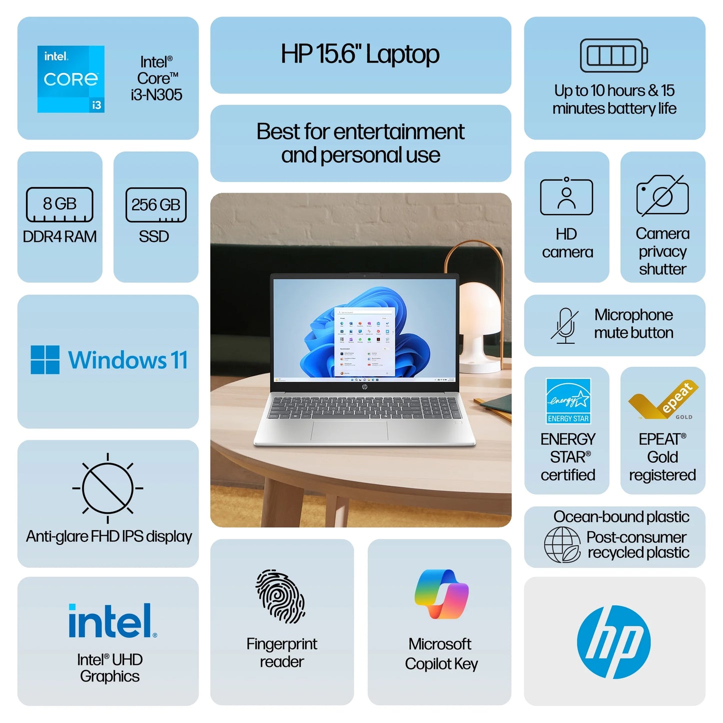 15.6 Inch Windows 11 Laptop Intel Core I3-N305 8GB RAM 256GB SSD Natural Silver