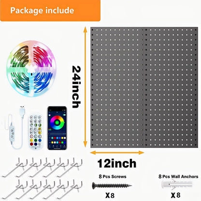 RGB Gaming Wall Organizer Peg Board with RGB LED Strip Lights, 2PCS Metal Gamer Wall Decor Peg Board with Hooks, DIY Gaming Setup Organizer Pegboard Gaming Wall Accessories 12 * 24”