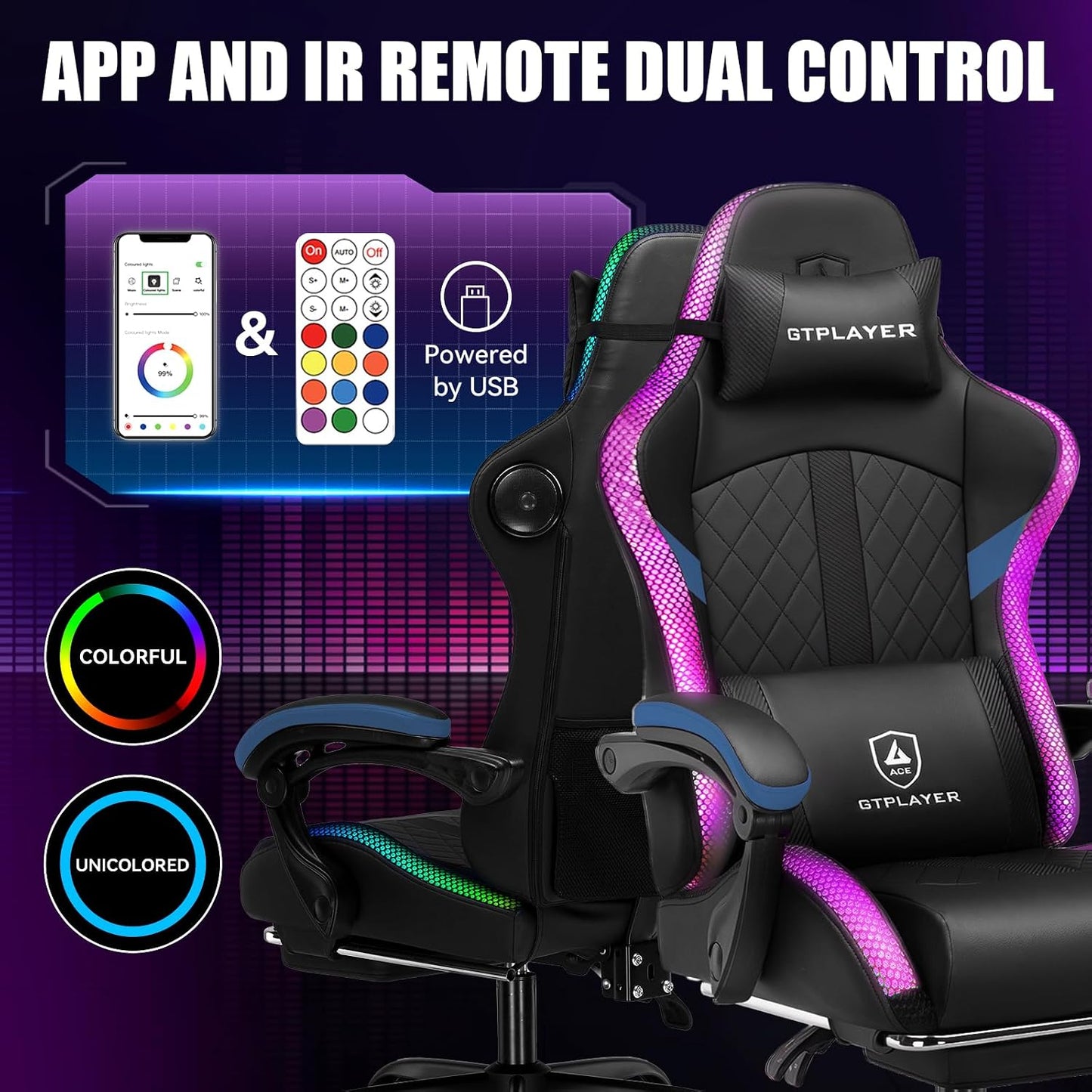 RGB Gaming Chair with Speakers - LED Computer Game Chair for Adults, PC Home Office Chairs with Footrest & Lights, Reclining Desk Chairs, Blue
