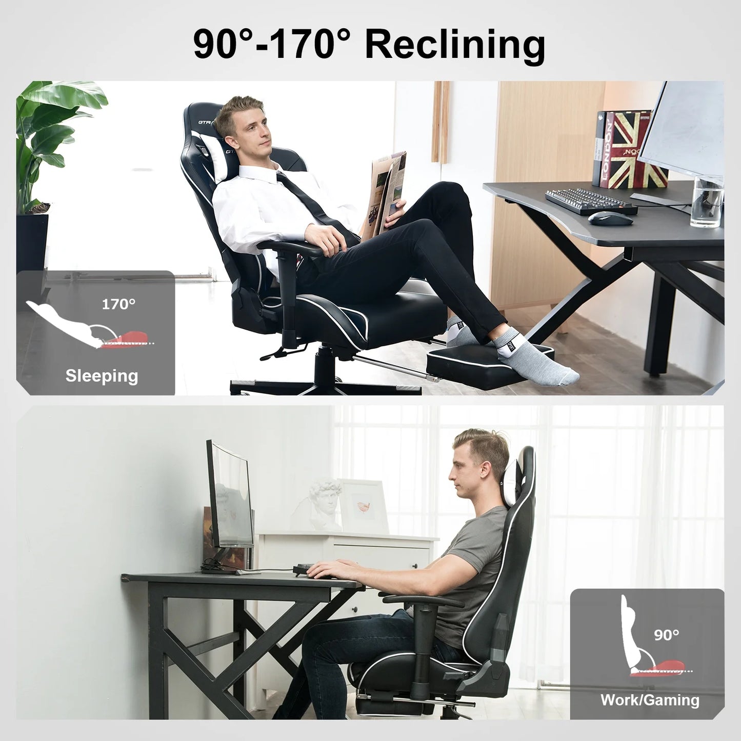 GTRACING Music Gaming Chair with Footrest Ergonomic Reclining PU Leather Office Chair, White