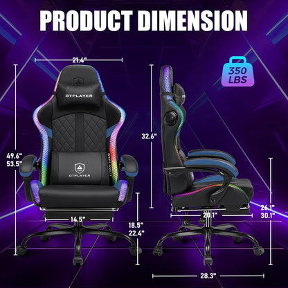 RGB Gaming Chair with Speakers - LED Computer Game Chair for Adults, PC Home Office Chairs with Footrest & Lights, Reclining Desk Chairs, Blue