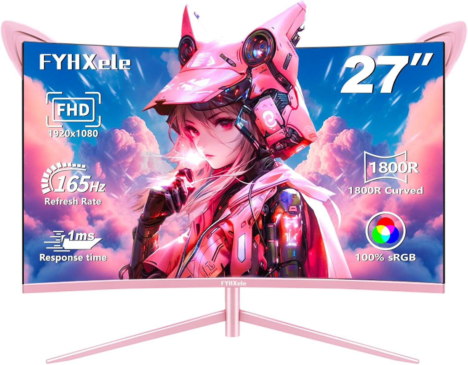 27 Inch Gaming Monitor, Pink 1800R Curved Monitor, FHD-1920X1080P, 165Hz, 1Ms, Fast IPS, Freesync Hdmi Monitor with Ultrathin, HDMI/DP/USB Vesa/Wall Mount Computer Monitor-Pink