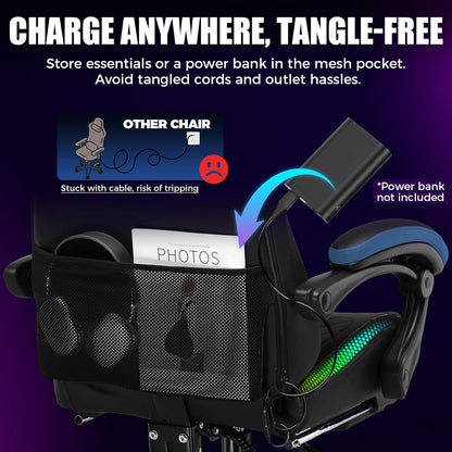 RGB Gaming Chair with Speakers - LED Computer Game Chair for Adults, PC Home Office Chairs with Footrest & Lights, Reclining Desk Chairs, Blue