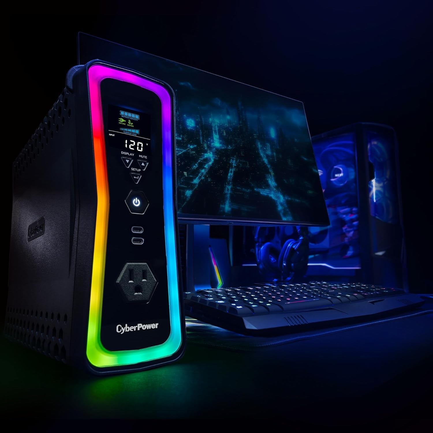 Cyberpower GX150C2 Gaming UPS Battery Backup and Surge Protector, 1500VA/1000W, RGB Lighting, 13 Outlets, USB‑C Charging, UL Certified