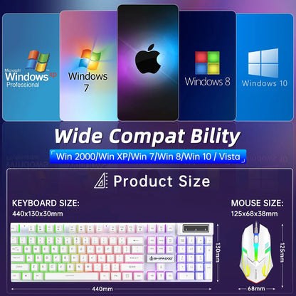 Gaming Keyboard & Mouse, 104 Keys LED RGB Backlit Quiet Computer Keyboard, Multimedia Keys, 26 Anti-Ghosting Keys, Waterproof Light up USB Wired Keyboard for PC Gamers Desktop Computer Laptop,White
