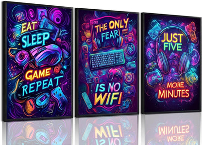 Neon Gaming Posters Video Game Wall Art Prints Set of 3 Game Room Decor Gaming Sign Painting Playroom Cool Pictures Gamer Wall Decor for Boy Teen Men Bedroom Bathroom 12X16In Unframed