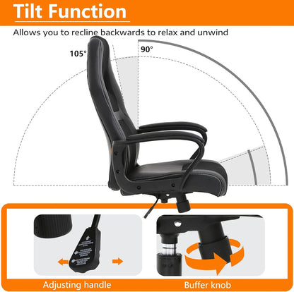 Black Gaming Chair - Ergonomic PU Leather W/Lumbar Support & Headrest
