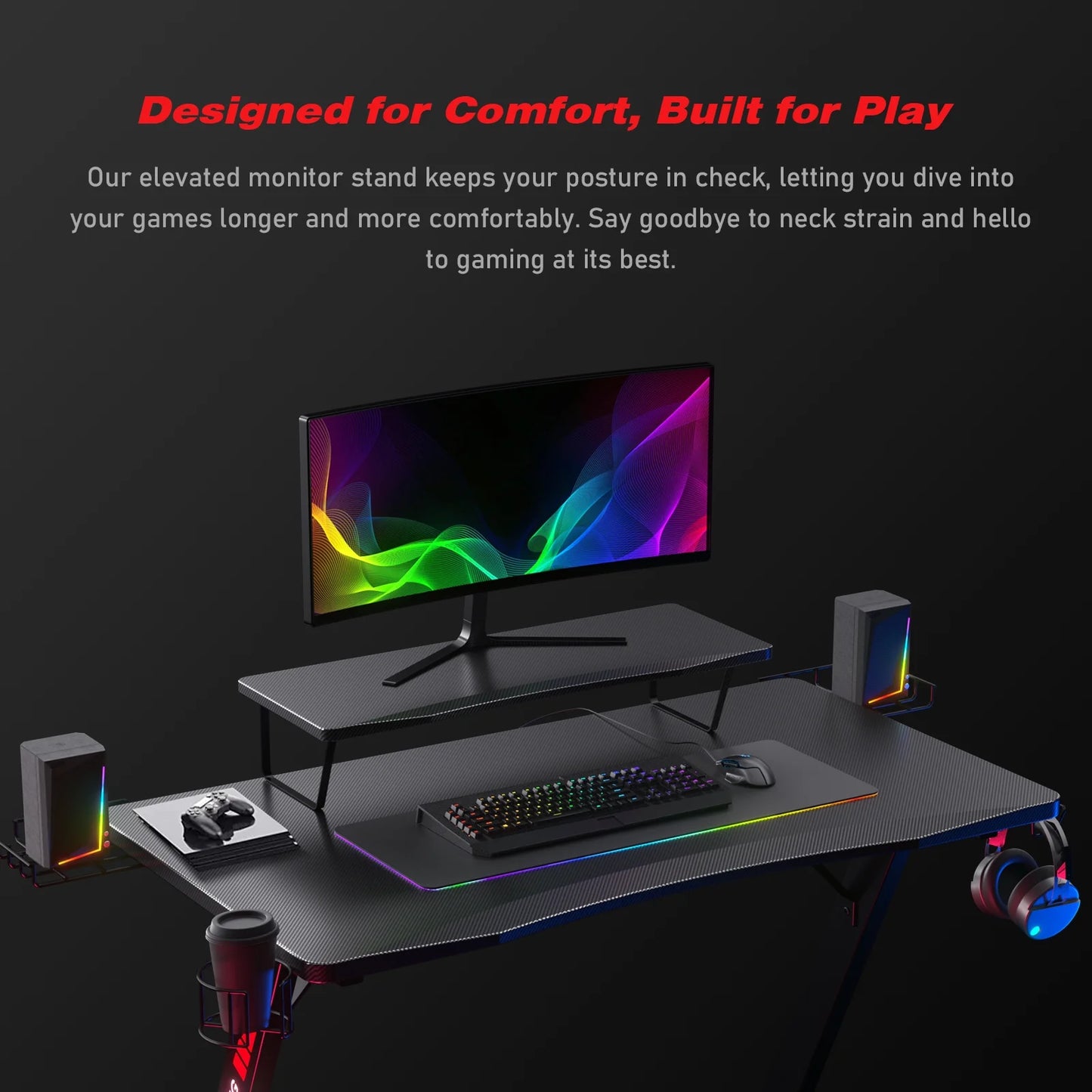 Ergonomic Curved 3-Sided LED Z-Leg Gaming Desk, Black