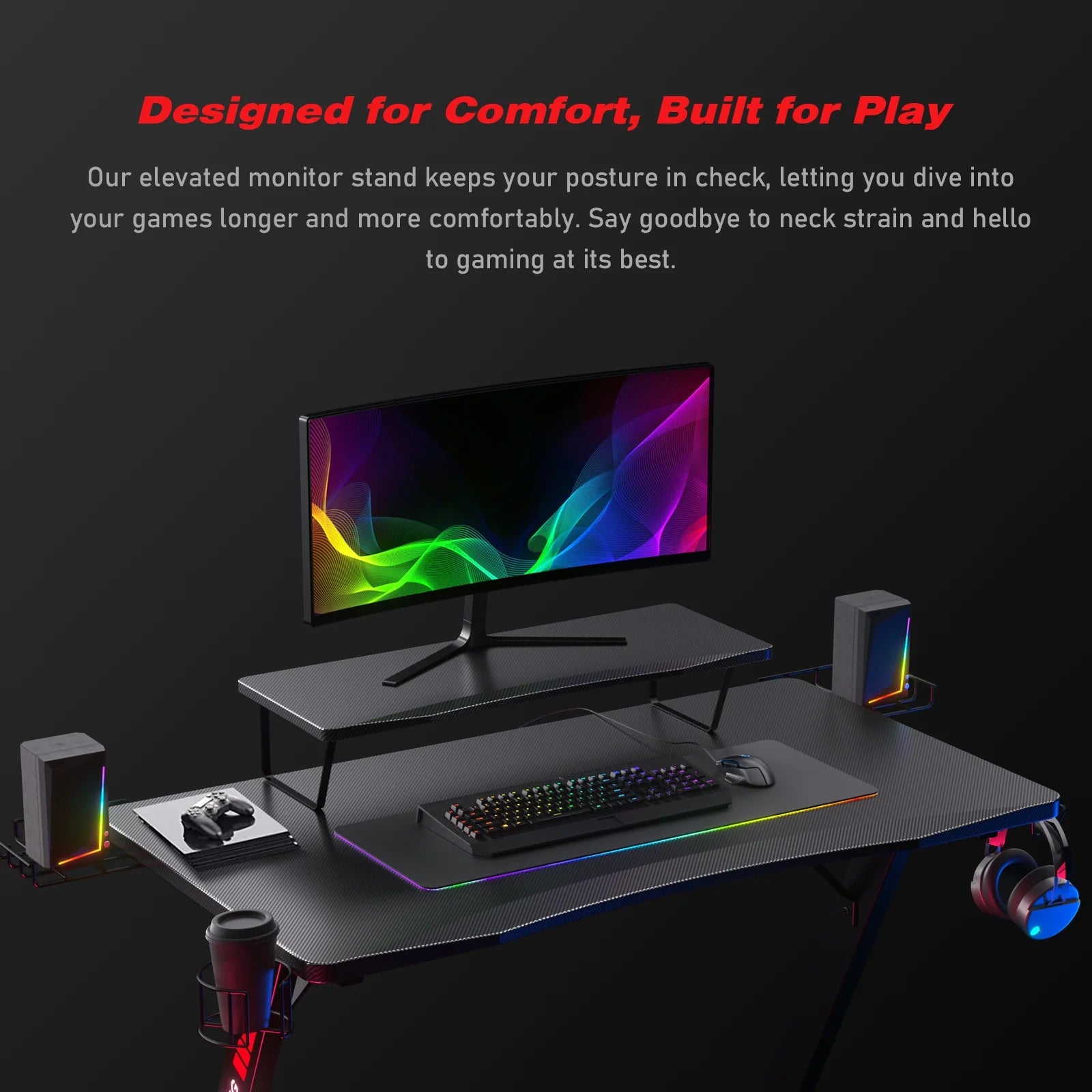 Ergonomic Curved 3-Sided LED Z-Leg Gaming Desk, Black