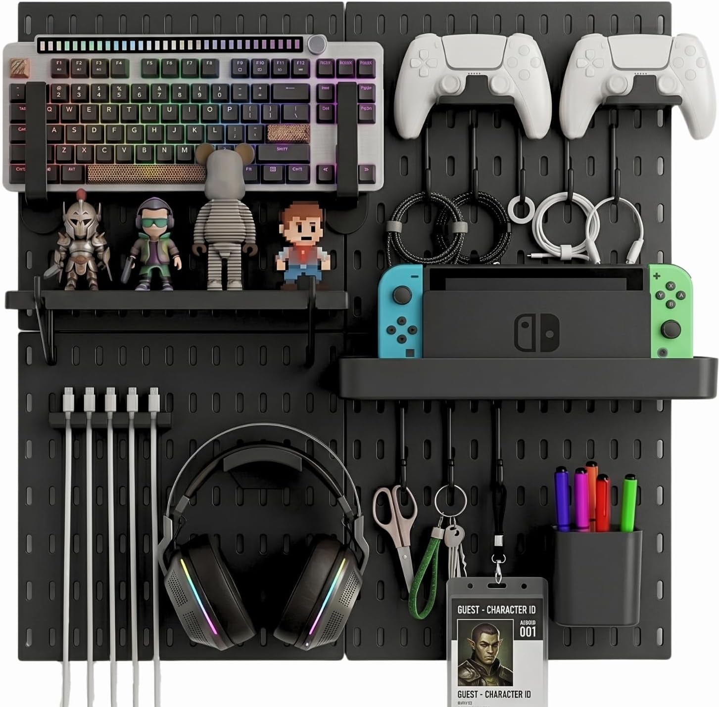 Peg Board Wall Organizer for Gaming Setup, Pegboard with Adhesives & Screw Mounts, Includes Peg Board Accessories for Gaming Accessories, Tech Storage & Office Organization (Black, 22″×22″)