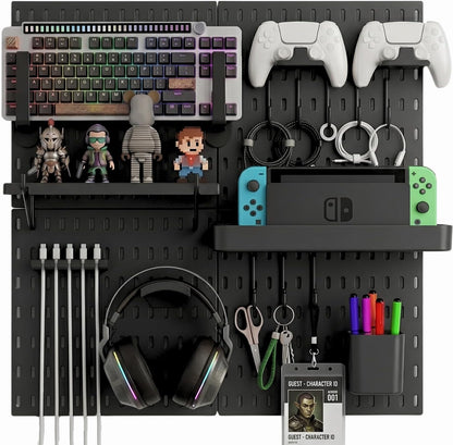 Peg Board Wall Organizer for Gaming Setup, Pegboard with Adhesives & Screw Mounts, Includes Peg Board Accessories for Gaming Accessories, Tech Storage & Office Organization (Black, 22″×22″)