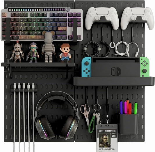 Peg Board Wall Organizer for Gaming Setup, Pegboard with Adhesives & Screw Mounts, Includes Peg Board Accessories for Gaming Accessories, Tech Storage & Office Organization (Black, 22″×22″)