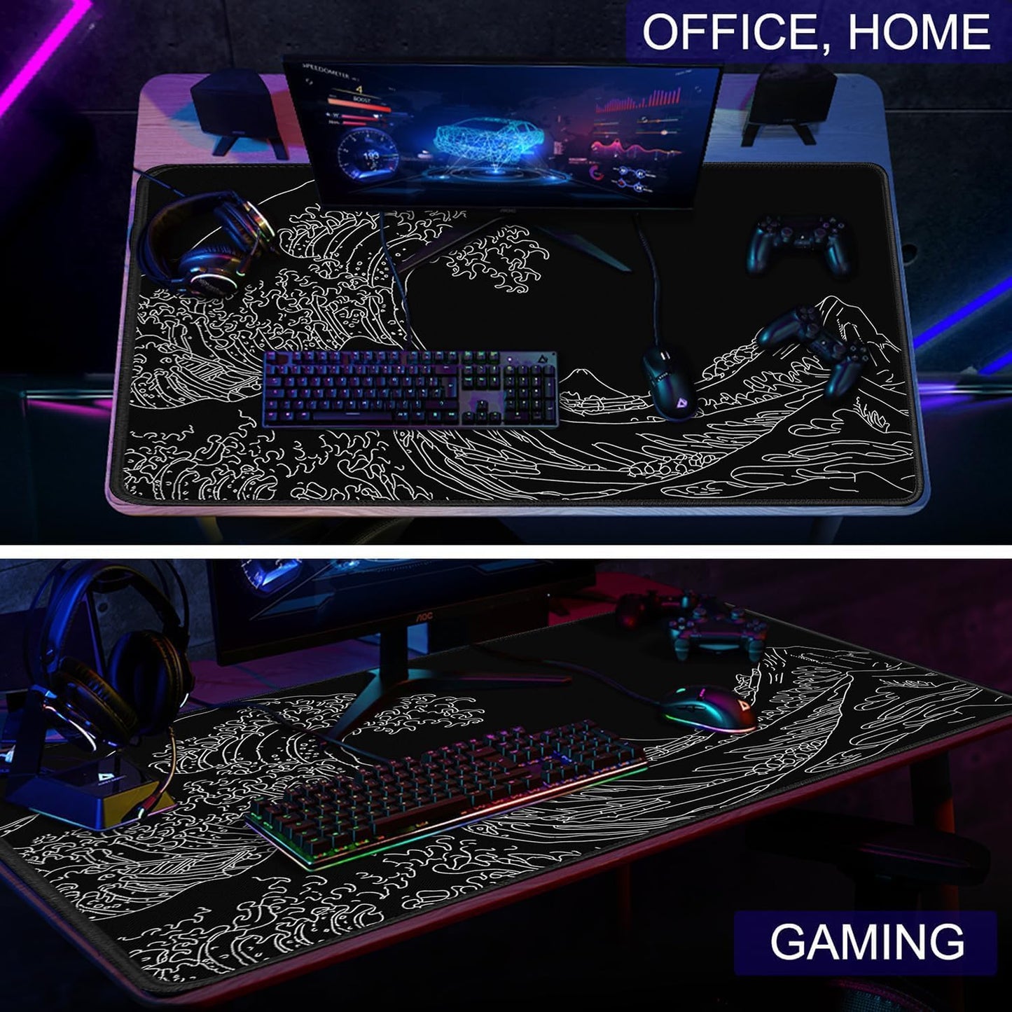Large Gaming Mouse Pad, XXL Extended Computer Keyboard Mouse Mat with Stitched Edges, 31.5" X 15.7" Non-Slip Waterproof Rubber Base Long Mousepad for Work, Game, Office, Home, Waves Line