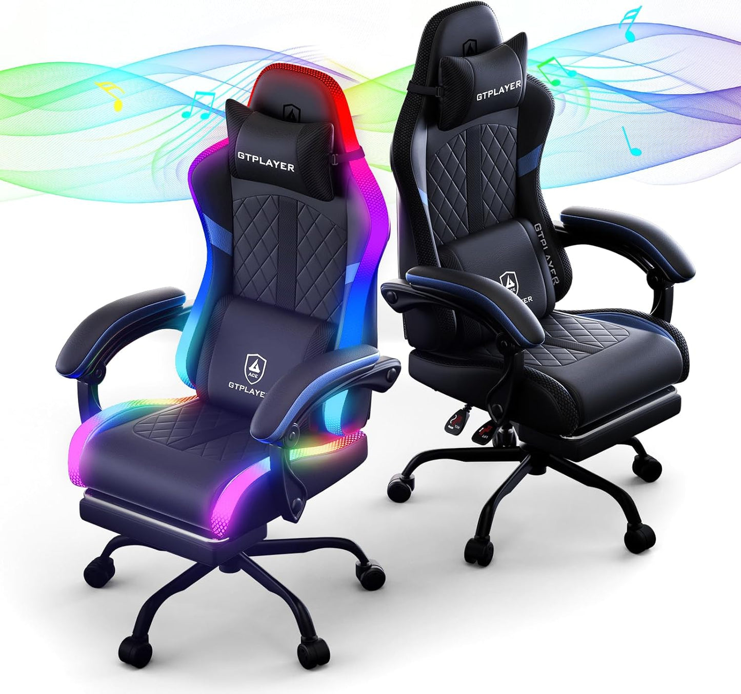 RGB Gaming Chair with Speakers - LED Computer Game Chair for Adults, PC Home Office Chairs with Footrest & Lights, Reclining Desk Chairs, Blue