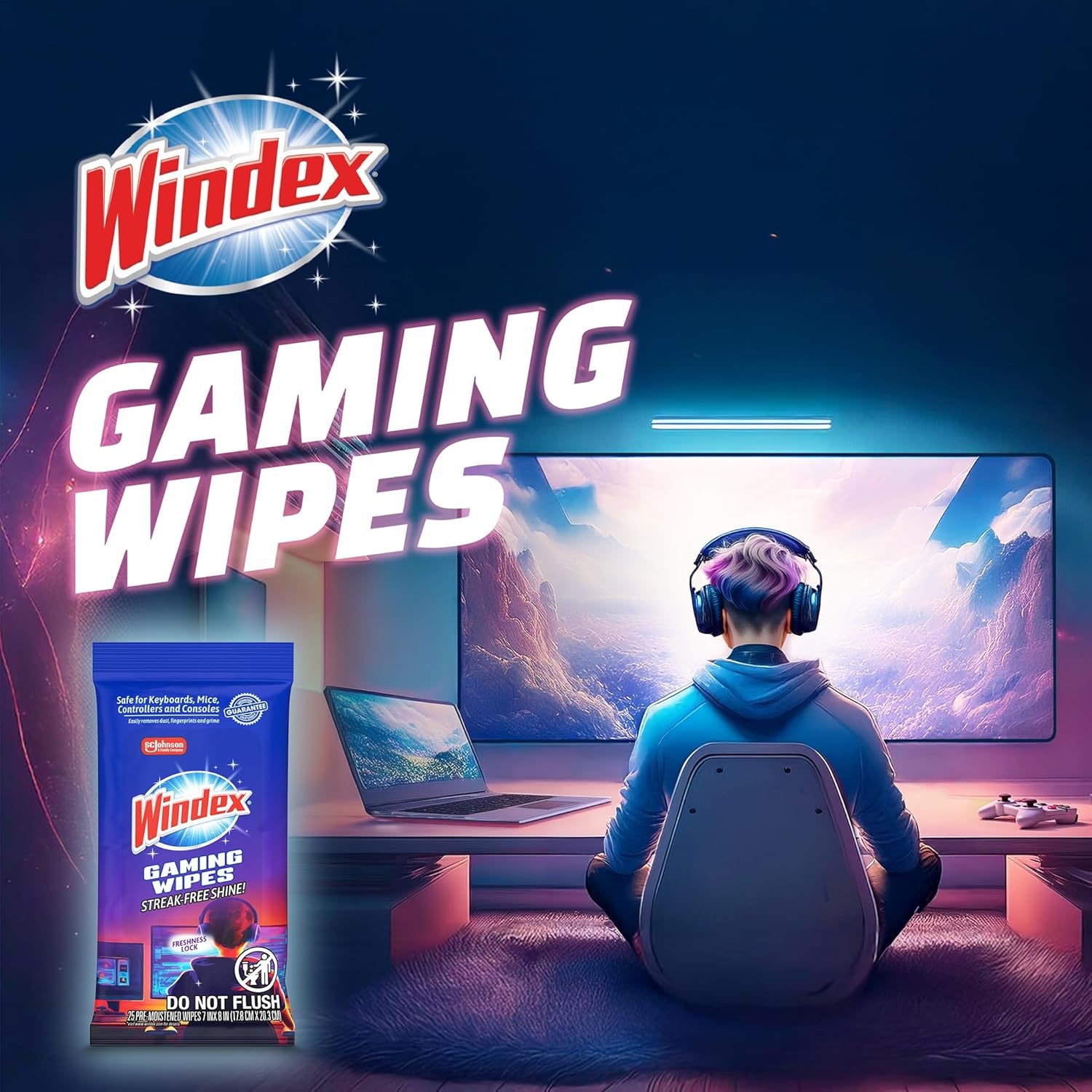 Windex Gaming Cleaning Wipes, Pre-Moistened Wipes to Instantly Clean All Gaming Gear and Electronics, Resealable Packaging for a Freshness Lock, 25 Count (Pack of 1)