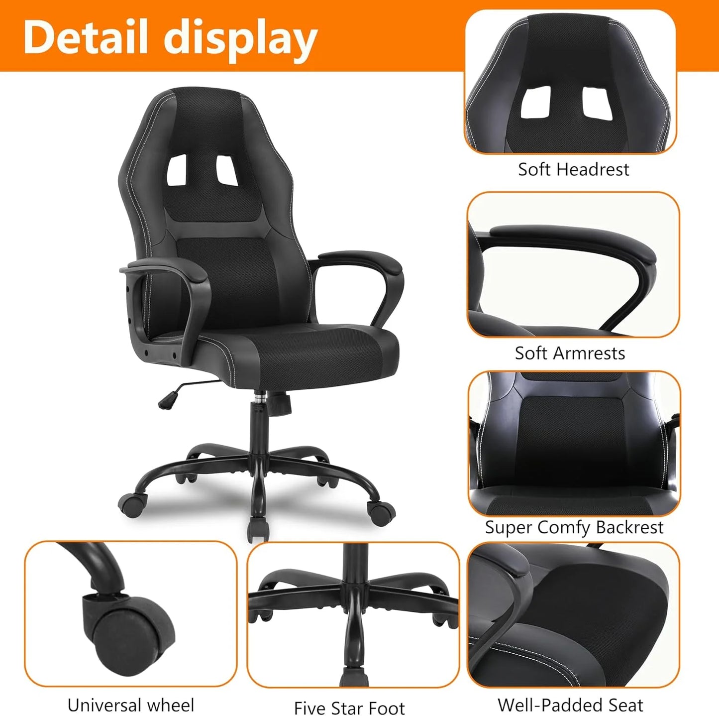 Black Gaming Chair - Ergonomic PU Leather W/Lumbar Support & Headrest