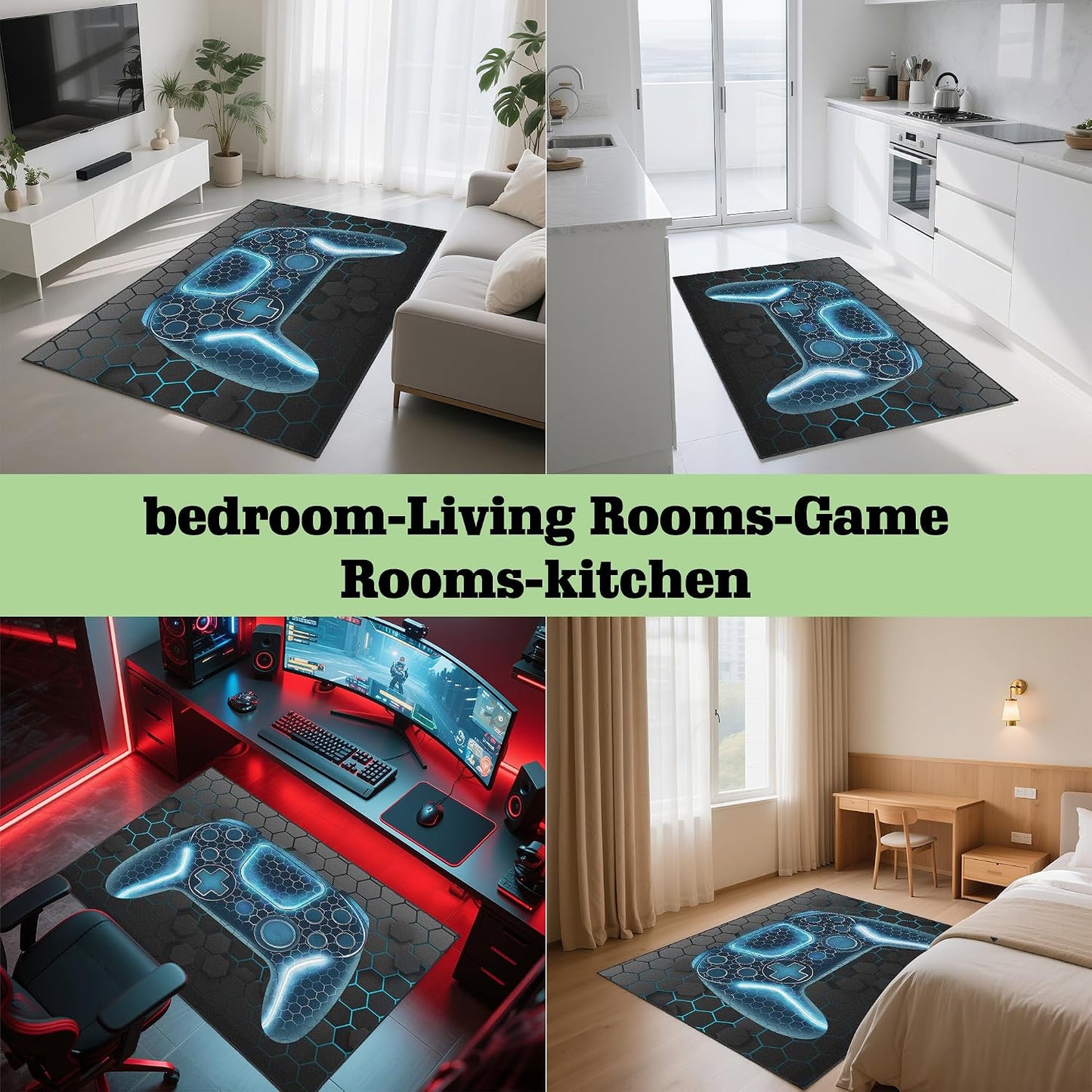 Gamer Rug, 5X7 Ft, Blue, Non-Slip | for Bedroom Living Room, Game Space Decor