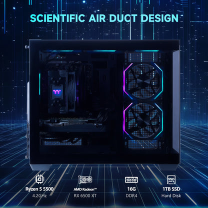 Gaming PC Desktops AMD Ryzen5 5500, Radeon RX 6500XT 4GB, 1TB SSD, 16GB RAM, 650W, Win11, Wifi, PC Gaming
