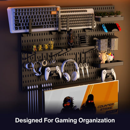 Peg Board Wall Organizer for Gaming Setup, Pegboard with Adhesives & Screw Mounts, Includes Peg Board Accessories for Gaming Accessories, Tech Storage & Office Organization (Black, 33″×22″)