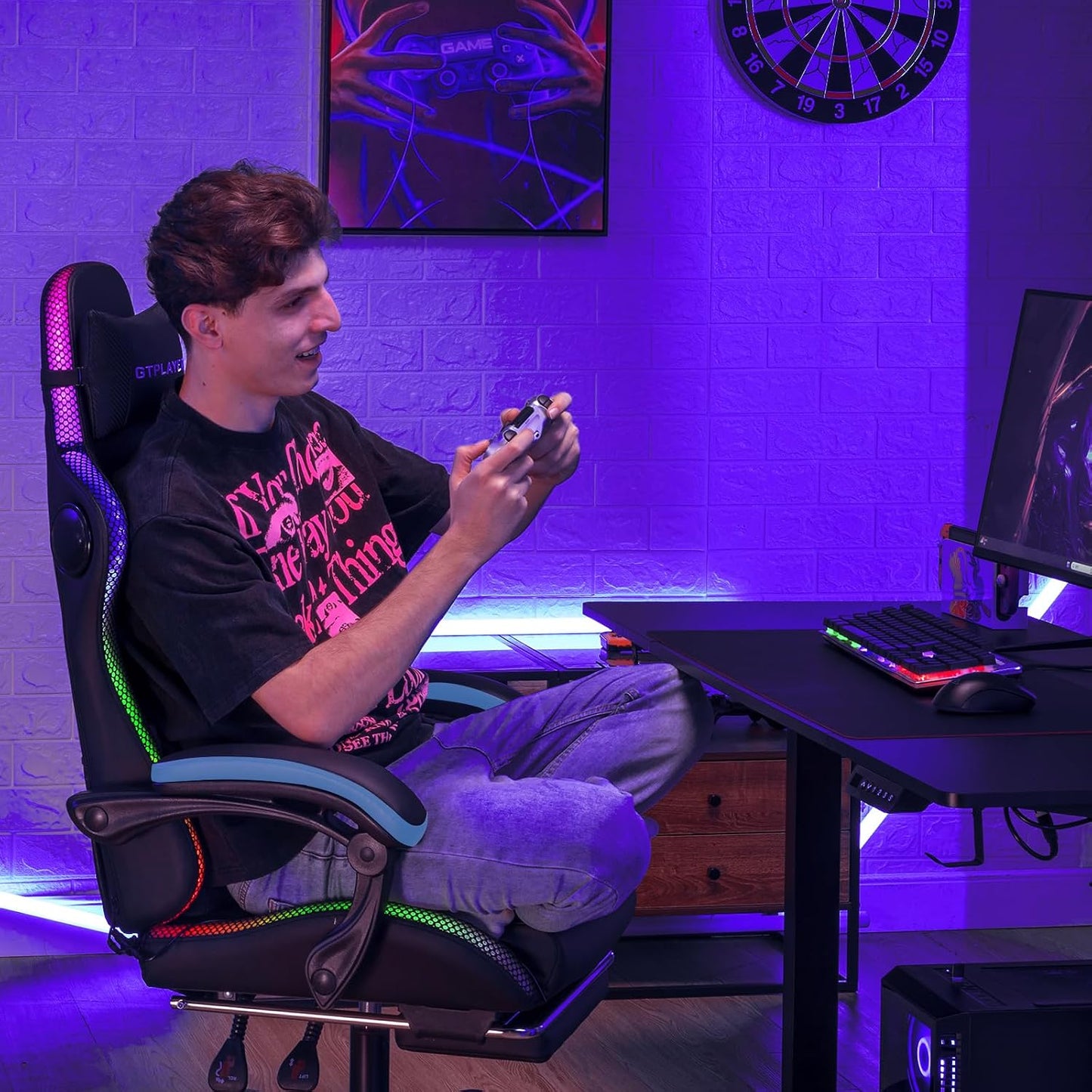 RGB Gaming Chair with Speakers - LED Computer Game Chair for Adults, PC Home Office Chairs with Footrest & Lights, Reclining Desk Chairs, Blue