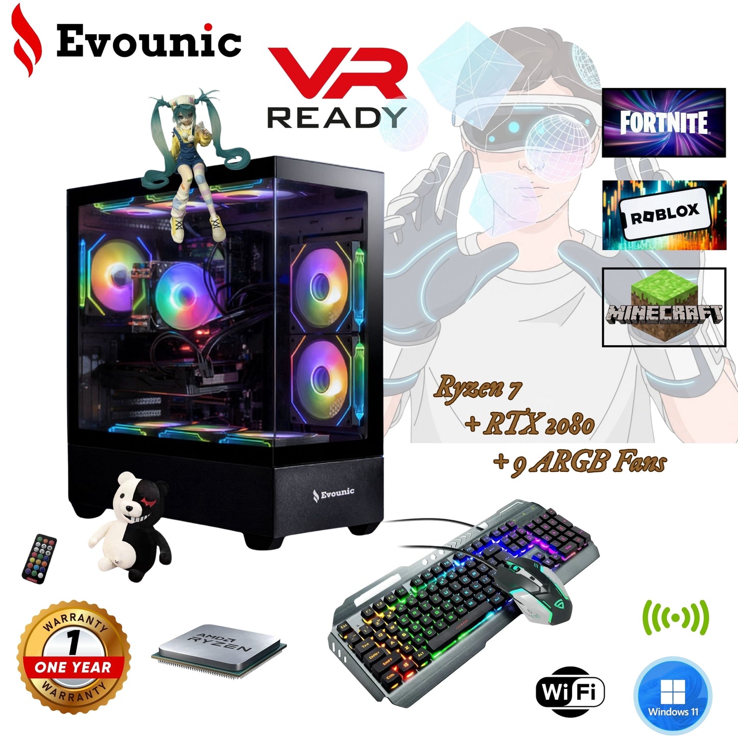 Gamer Master Gaming Desktop PC, AMD Ryzen 7 5800X, NVIDIA Geforce RTX 2080, 16GB DDR4 RAM, 1TB SSD, 650W Power Supply, Wifi 6/Bluetooth 5.4,9*ARGB Fan, Windows 11