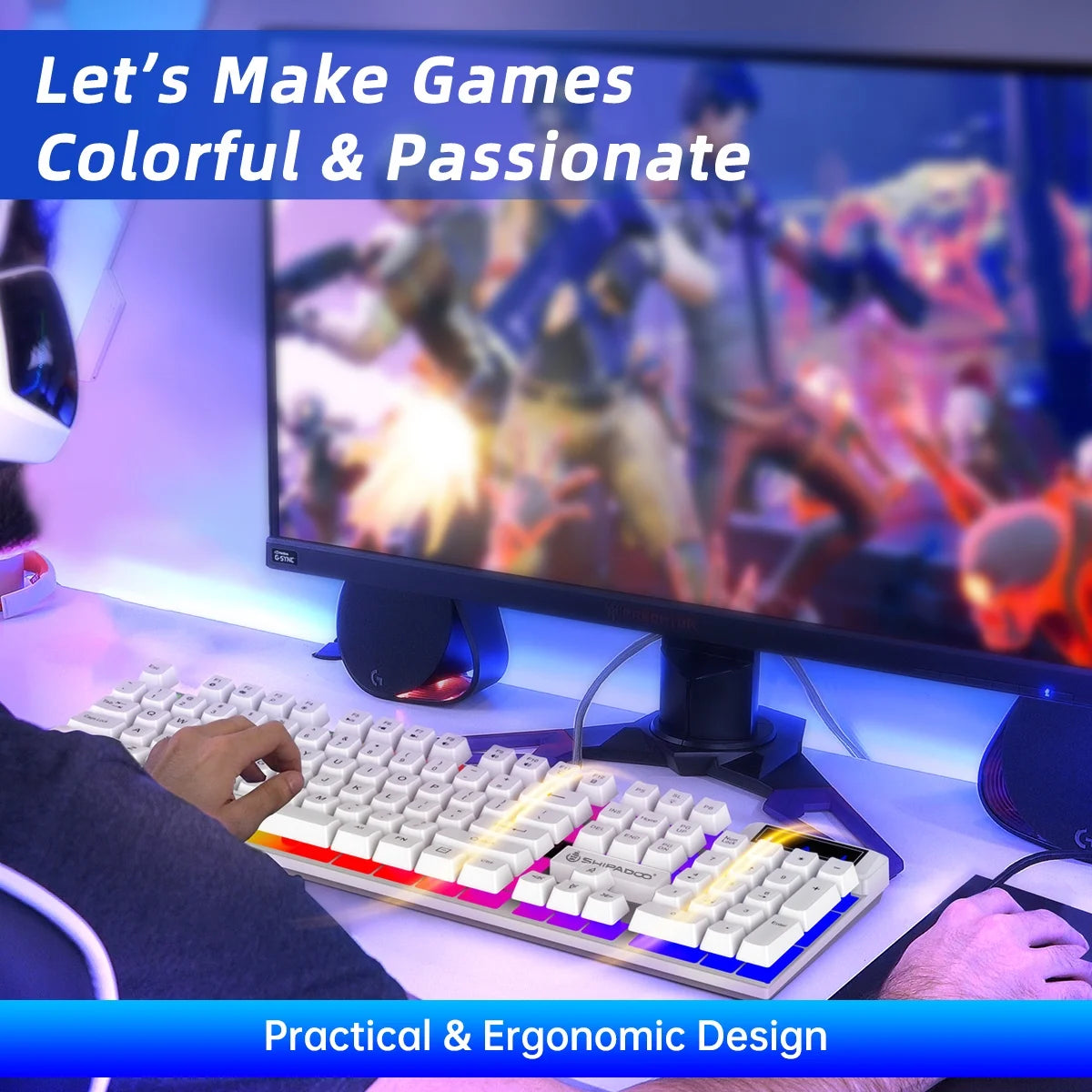 Gaming Keyboard & Mouse, 104 Keys LED RGB Backlit Quiet Computer Keyboard, Multimedia Keys, 26 Anti-Ghosting Keys, Waterproof Light up USB Wired Keyboard for PC Gamers Desktop Computer Laptop,White