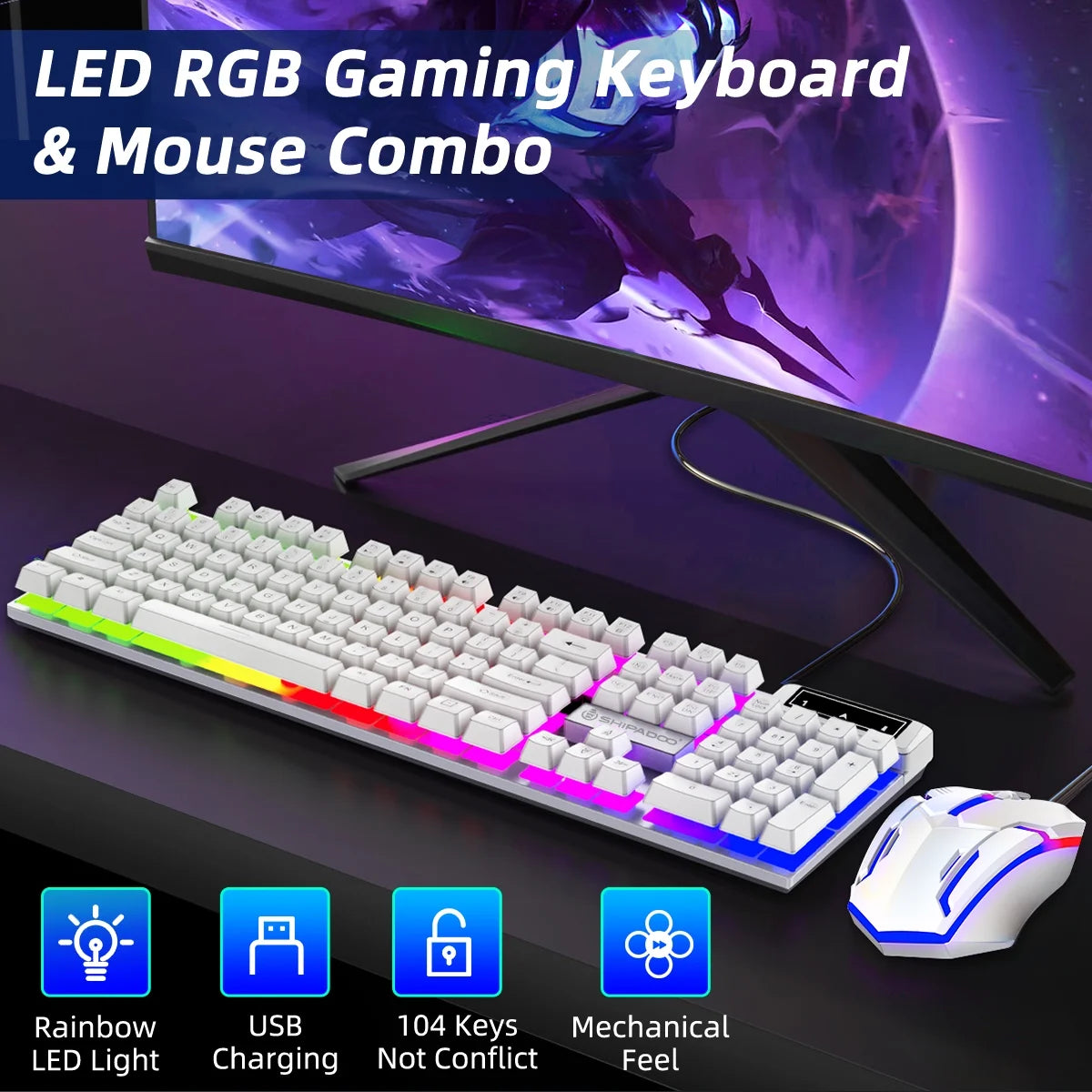 Gaming Keyboard & Mouse, 104 Keys LED RGB Backlit Quiet Computer Keyboard, Multimedia Keys, 26 Anti-Ghosting Keys, Waterproof Light up USB Wired Keyboard for PC Gamers Desktop Computer Laptop,White