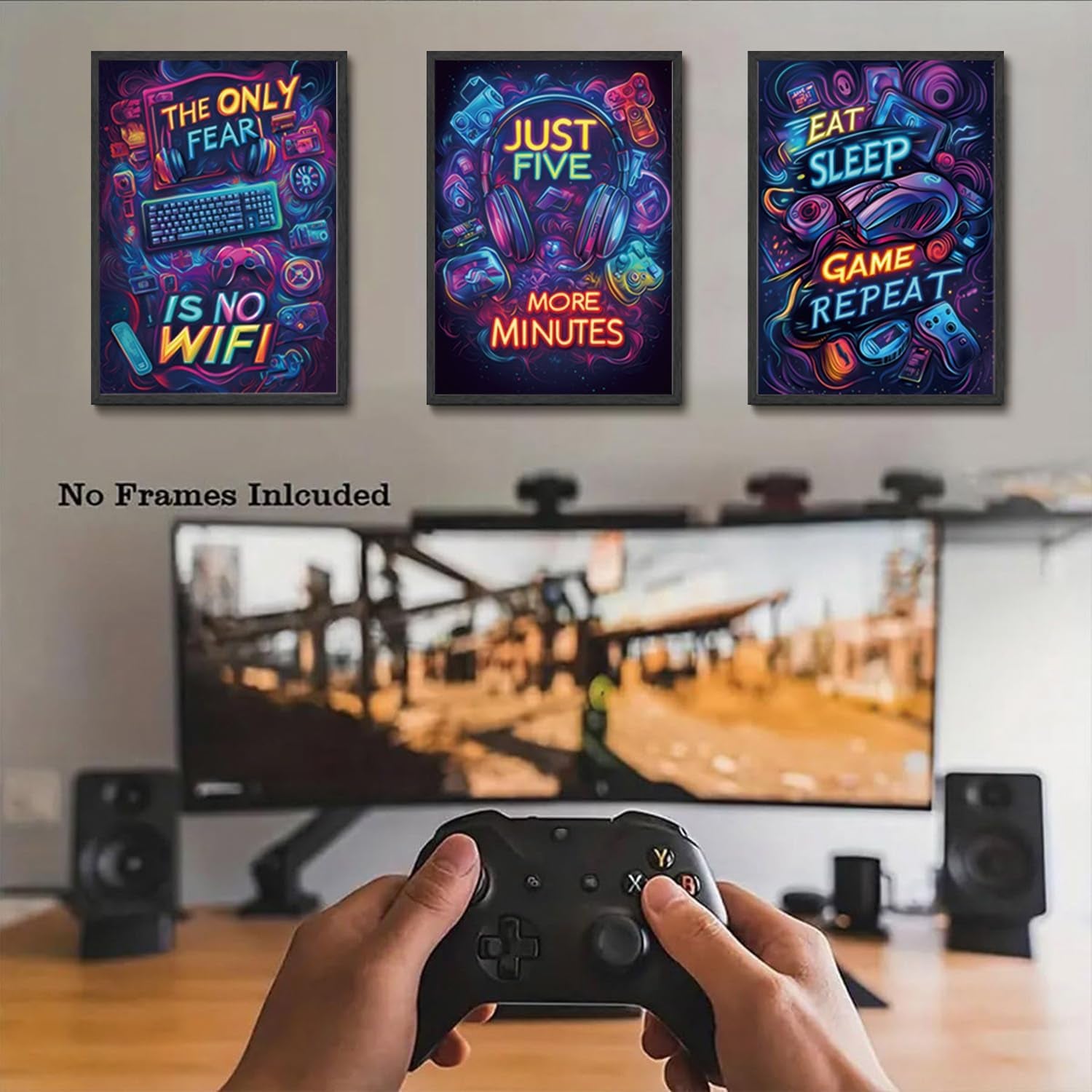 Neon Gaming Posters Video Game Wall Art Prints Set of 3 Game Room Decor Gaming Sign Painting Playroom Cool Pictures Gamer Wall Decor for Boy Teen Men Bedroom Bathroom 12X16In Unframed