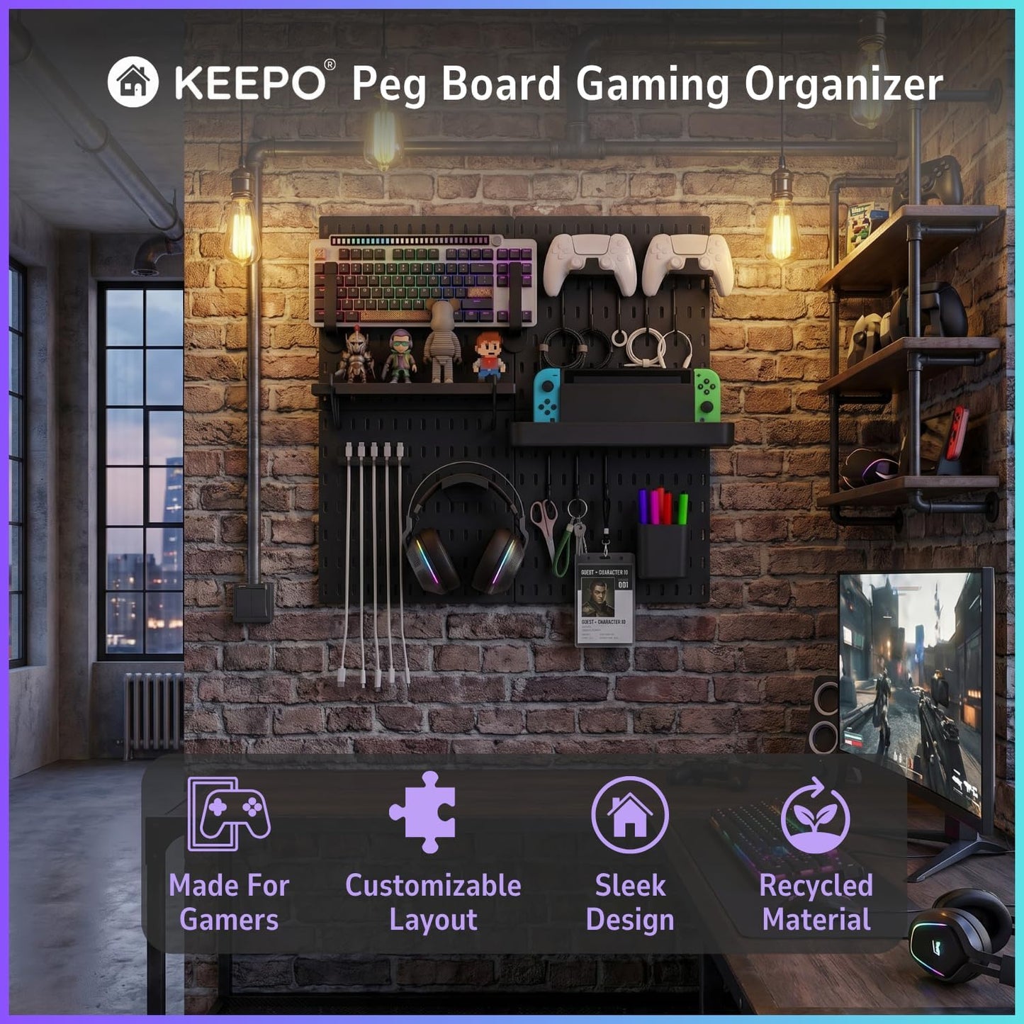 Peg Board Wall Organizer for Gaming Setup, Pegboard with Adhesives & Screw Mounts, Includes Peg Board Accessories for Gaming Accessories, Tech Storage & Office Organization (Black, 22″×22″)