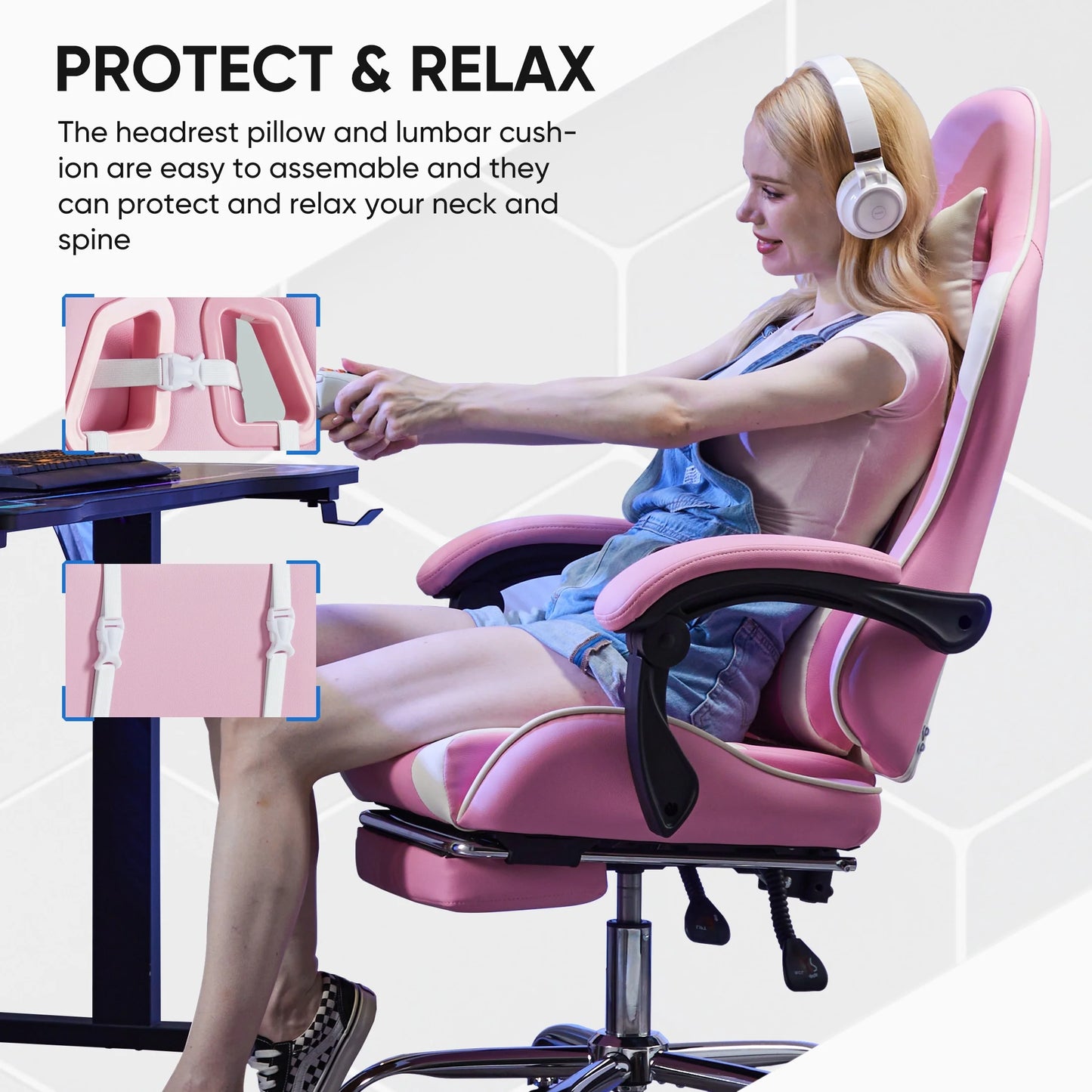 Computer Chair with Footrest and Lumbar Support, Home Offfice Chair, Pink and White